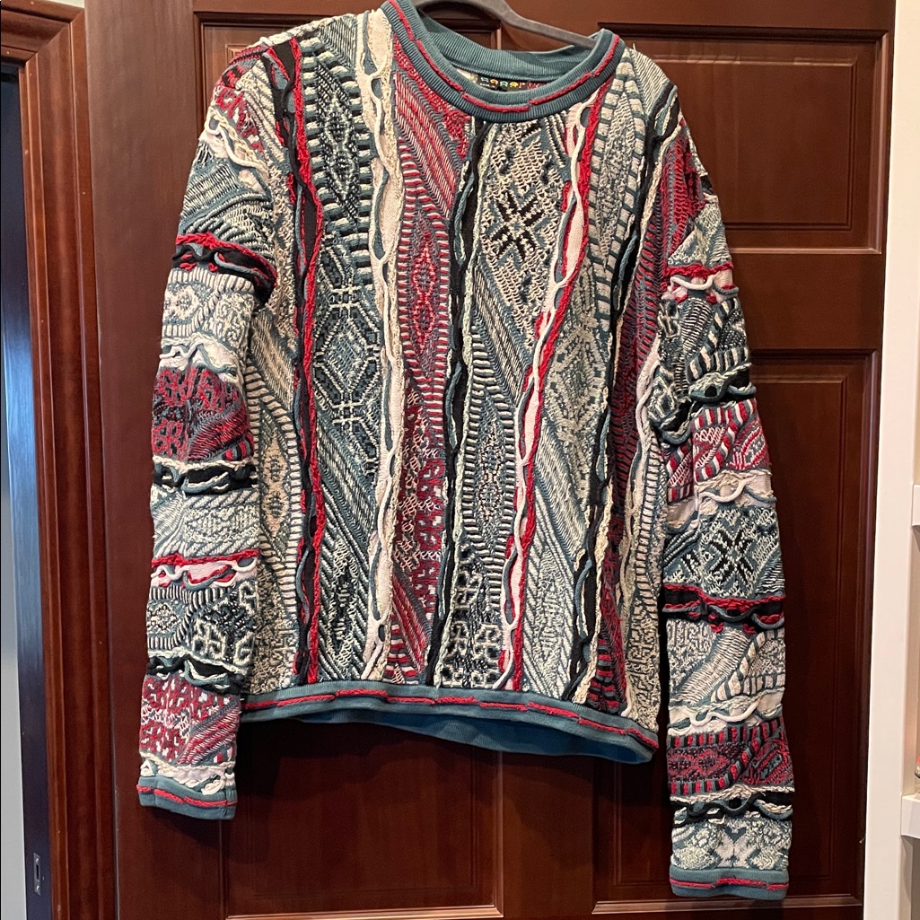 Coogi Men's Red And Green Patterned Crewneck Sweater